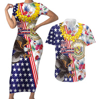 Hawaii and United States Together Couples Matching Short Sleeve Bodycon Dress and Hawaiian Shirt Seal of Hawaii and Bald Eagle LT03 White - Polynesian Pride
