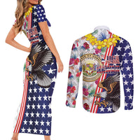 Hawaii and United States Together Couples Matching Short Sleeve Bodycon Dress and Long Sleeve Button Shirt Seal of Hawaii and Bald Eagle LT03 - Polynesian Pride