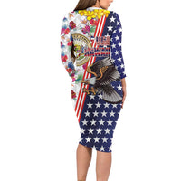Hawaii and United States Together Long Sleeve Bodycon Dress Seal of Hawaii and Bald Eagle - Polynesian Pride