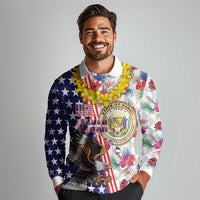 Hawaii and United States Together Long Sleeve Polo Shirt Seal of Hawaii and Bald Eagle - Polynesian Pride