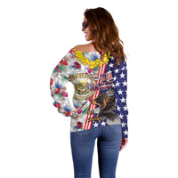 Hawaii and United States Together Off Shoulder Sweater Seal of Hawaii and Bald Eagle - Polynesian Pride