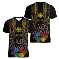 Philippines Kadayawan Festival Women V-Neck T-Shirt Polynesian Tribal Art Barong Style LT03 - Polynesian Pride