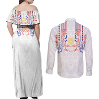Philippines Barong Style Couples Matching Off Shoulder Maxi Dress and Long Sleeve Button Shirt Polynesian Kakau Art Tattoos with Tribal Filipino Sun LT03 - Polynesian Pride