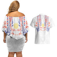 Philippines Barong Style Couples Matching Off Shoulder Short Dress and Hawaiian Shirt Polynesian Kakau Art Tattoos with Tribal Filipino Sun LT03 - Polynesian Pride