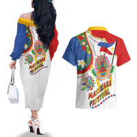 Philippines MassKara Festival Couples Matching Off The Shoulder Long Sleeve Dress and Hawaiian Shirt Smile Masks with Hawaiian Art Pattern and Tropical Plants LT03 - Polynesian Pride
