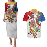 Philippines MassKara Festival Couples Matching Puletasi and Hawaiian Shirt Smile Masks with Hawaiian Art Pattern and Tropical Plants LT03 Multicolor - Polynesian Pride