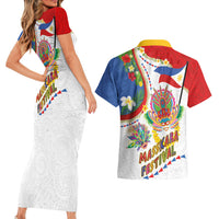 Philippines MassKara Festival Couples Matching Short Sleeve Bodycon Dress and Hawaiian Shirt Smile Masks with Hawaiian Art Pattern and Tropical Plants LT03 - Polynesian Pride