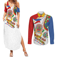 Philippines MassKara Festival Couples Matching Summer Maxi Dress and Long Sleeve Button Shirt Smile Masks with Hawaiian Art Pattern and Tropical Plants LT03 Multicolor - Polynesian Pride