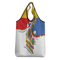 Philippines MassKara Festival Grocery Bag Smile Masks with Hawaiian Art Pattern and Tropical Plants