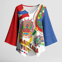 Philippines MassKara Festival Kimono Sleeve Blouse Smile Masks with Hawaiian Art Pattern and Tropical Plants
