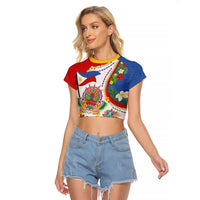 Philippines MassKara Festival Raglan Cropped T Shirt Smile Masks with Hawaiian Art Pattern and Tropical Plants