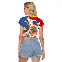 Philippines MassKara Festival Raglan Cropped T Shirt Smile Masks with Hawaiian Art Pattern and Tropical Plants
