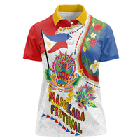 Philippines MassKara Festival Women Polo Shirt Smile Masks with Hawaiian Art Pattern and Tropical Plants LT03 Female Multicolor - Polynesian Pride
