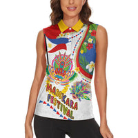 Philippines MassKara Festival Women Sleeveless Polo Shirt Smile Masks with Hawaiian Art Pattern and Tropical Plants LT03 - Polynesian Pride