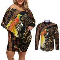 Papua New Guinea and Indonesia Batik Couples Matching Off Shoulder Short Dress and Long Sleeve Button Shirt Bird of Paradise with Tribal Batik Patterns LT03 Multicolor - Polynesian Pride