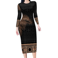 Fiji Palm Leaves Long Sleeve Bodycon Dress Masi and Tapa Tribal Pattern Beige Color