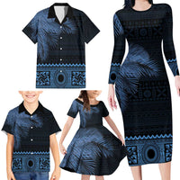 Fiji Palm Leaves Family Matching Long Sleeve Bodycon Dress and Hawaiian Shirt Masi and Tapa Tribal Pattern Blue Color LT03 - Polynesian Pride