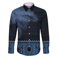 Fiji Palm Leaves Family Matching Mermaid Dress and Hawaiian Shirt Masi and Tapa Tribal Pattern Blue Color LT03 Dad's Shirt - Long Sleeve Blue - Polynesian Pride