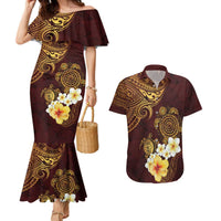 Polynesian Turtle Couples Matching Mermaid Dress and Hawaiian Shirt Plumeria Hibiscus Pattern Oxblood LT03 Oxblood - Polynesian Pride