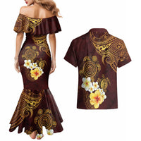Polynesian Turtle Couples Matching Mermaid Dress and Hawaiian Shirt Plumeria Hibiscus Pattern Oxblood LT03 - Polynesian Pride