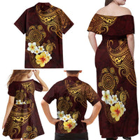 Polynesian Turtle Family Matching Off Shoulder Maxi Dress and Hawaiian Shirt Plumeria Hibiscus Pattern Oxblood LT03 - Polynesian Pride