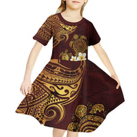 Polynesian Turtle Kid Short Sleeve Dress Plumeria Hibiscus Pattern Oxblood LT03 - Polynesian Pride