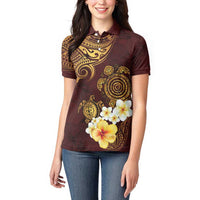 Polynesian Turtle Women Polo Shirt Plumeria Hibiscus Pattern Oxblood