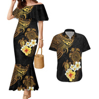 Polynesian Turtle Couples Matching Mermaid Dress and Hawaiian Shirt Plumeria Hibiscus Pattern Black Color LT03 Black - Polynesian Pride