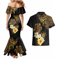 Polynesian Turtle Couples Matching Mermaid Dress and Hawaiian Shirt Plumeria Hibiscus Pattern Black Color LT03 - Polynesian Pride
