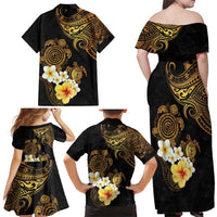 Polynesian Turtle Family Matching Off Shoulder Maxi Dress and Hawaiian Shirt Plumeria Hibiscus Pattern Black Color LT03 - Polynesian Pride