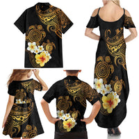 Polynesian Turtle Family Matching Summer Maxi Dress and Hawaiian Shirt Plumeria Hibiscus Pattern Black Color LT03 - Polynesian Pride