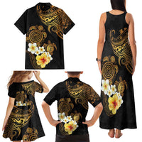 Polynesian Turtle Family Matching Tank Maxi Dress and Hawaiian Shirt Plumeria Hibiscus Pattern Black Color LT03 - Polynesian Pride