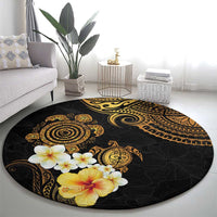 Polynesian Turtle Round Carpet Plumeria Hibiscus Pattern Black Color