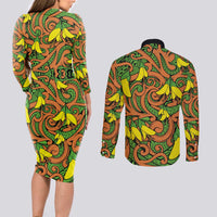 New Zealand Kowhai Flowers Couples Matching Long Sleeve Bodycon Dress and Long Sleeve Button Shirt Maori Koru Pattern LT03 - Polynesian Pride