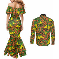 New Zealand Kowhai Flowers Couples Matching Mermaid Dress and Long Sleeve Button Shirt Maori Koru Pattern LT03 - Polynesian Pride