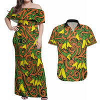 New Zealand Kowhai Flowers Couples Matching Off Shoulder Maxi Dress and Hawaiian Shirt Maori Koru Pattern LT03 Orange - Polynesian Pride