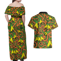 New Zealand Kowhai Flowers Couples Matching Off Shoulder Maxi Dress and Hawaiian Shirt Maori Koru Pattern LT03 - Polynesian Pride