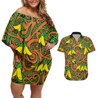 New Zealand Kowhai Flowers Couples Matching Off Shoulder Short Dress and Hawaiian Shirt Maori Koru Pattern LT03 Orange - Polynesian Pride