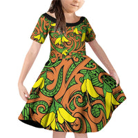 New Zealand Kowhai Flowers Family Matching Off Shoulder Short Dress and Hawaiian Shirt Maori Koru Pattern LT03 Daughter's Dress Orange - Polynesian Pride