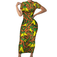 New Zealand Kowhai Flowers Family Matching Short Sleeve Bodycon Dress and Hawaiian Shirt Maori Koru Pattern LT03 Mom's Dress Orange - Polynesian Pride