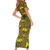 New Zealand Kowhai Flowers Family Matching Short Sleeve Bodycon Dress and Hawaiian Shirt Maori Koru Pattern LT03 - Polynesian Pride