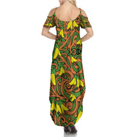 New Zealand Kowhai Flowers Family Matching Summer Maxi Dress and Hawaiian Shirt Maori Koru Pattern LT03 - Polynesian Pride