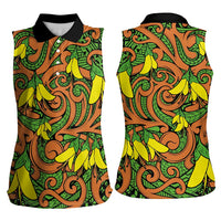 New Zealand Kowhai Flowers Women Sleeveless Polo Shirt Maori Koru Pattern