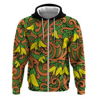 New Zealand Kowhai Flowers Zip Hoodie Maori Koru Pattern