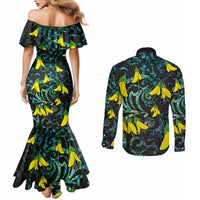 New Zealand Kowhai Flowers Couples Matching Mermaid Dress and Long Sleeve Button Shirt Maori Koru Pattern With Paua Shell Style LT03 - Polynesian Pride