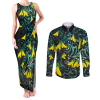 New Zealand Kowhai Flowers Couples Matching Tank Maxi Dress and Long Sleeve Button Shirt Maori Koru Pattern With Paua Shell Style LT03 Black - Polynesian Pride