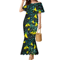 New Zealand Kowhai Flowers Family Matching Mermaid Dress and Hawaiian Shirt Maori Koru Pattern With Paua Shell Style LT03 Mom's Dress Black - Polynesian Pride