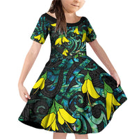 New Zealand Kowhai Flowers Family Matching Off Shoulder Short Dress and Hawaiian Shirt Maori Koru Pattern With Paua Shell Style LT03 Daughter's Dress Black - Polynesian Pride