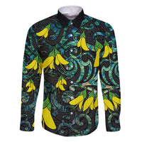 New Zealand Kowhai Flowers Family Matching Off Shoulder Short Dress and Hawaiian Shirt Maori Koru Pattern With Paua Shell Style LT03 Dad's Shirt - Long Sleeve Black - Polynesian Pride