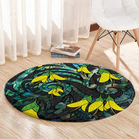 New Zealand Kowhai Flowers Round Carpet Maori Koru Pattern With Paua Shell Style